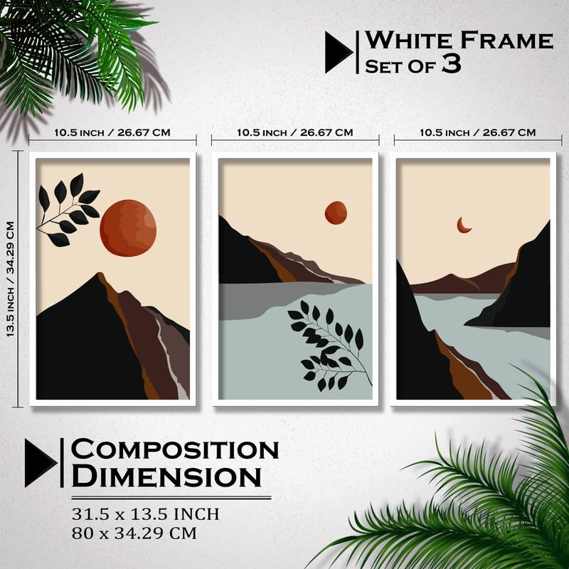 SAF paintings Set of 3 Nature Boho modern art design Premium white Framed Bohemian wall painting for for Wall, Home and Living Room Decoration 80 cms x 34.29 cms COMBO-2016-K3