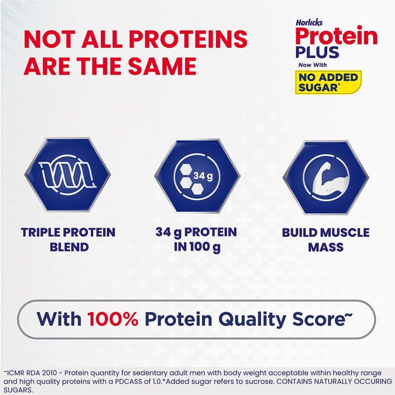 Horlicks Protein Plus Vanilla High Protein Drink for Adults 400 g Jar, Whey, Soy & Casein Powder Blend - For Muscle Mass & Strength, Veg