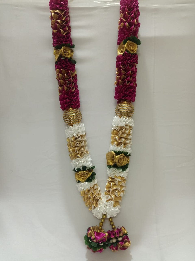 Sri Sainath Enterprises CREEME with PRPULE Flowers and Gold BOLL Flowers Garland .Length -55CM