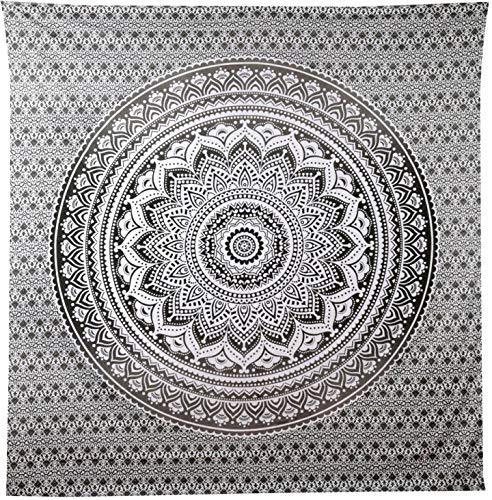 Raj Handicrafts Ombre Mandala Cotton Tapestries Throw Blanket (Black Grey, 84x54 Inches)