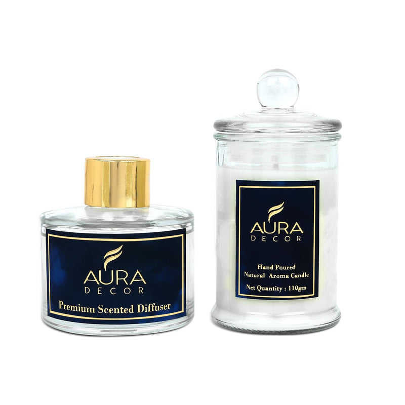 AuraDecor Luxury Reed Diffuser & Scented Candle Gift Set with Premium Fragrance of Blue Sage & Lavender