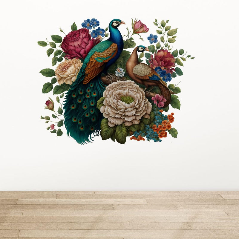 CVANU Beautiful Flowers & Peacock Self-Adhesive Vinyl Wall Sticker for Wall Decoration (58cmX72cm)_S296