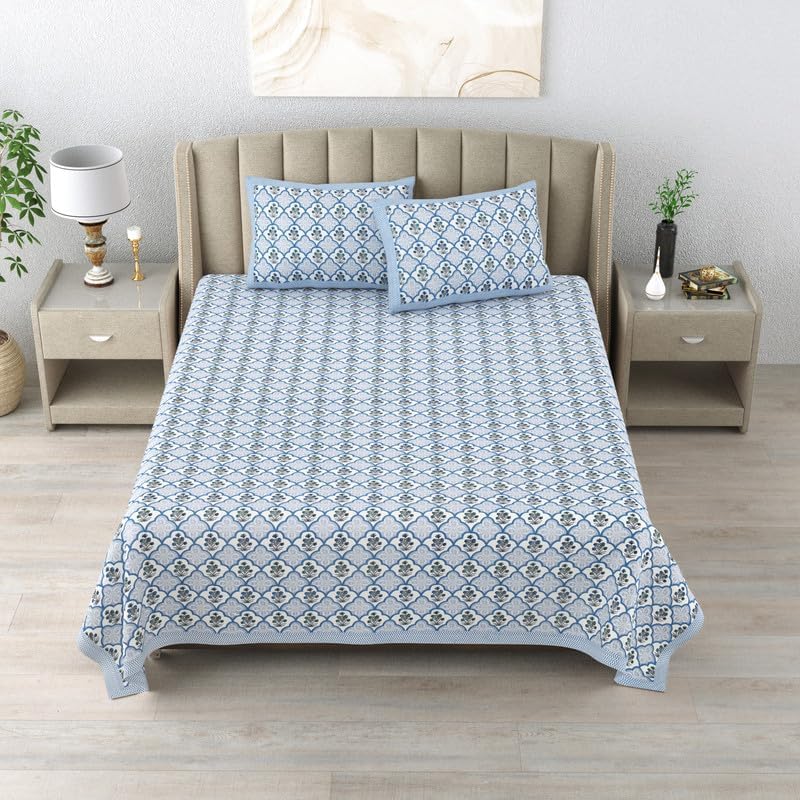 elanorhomes Hand Block Printed 240TC 100% Cotton Double King Size Bedsheet | 93 x108 Inches | 2 Pillow Covers (Blue Blossom)