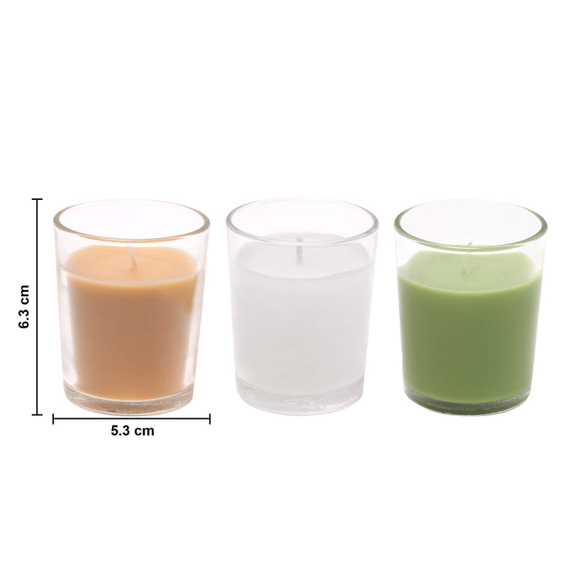 Amazon Brand - Solimo Votive Glass Candles, Pack of 12 (Scented - Jasmine, Lemon Grass & Sandalwood)