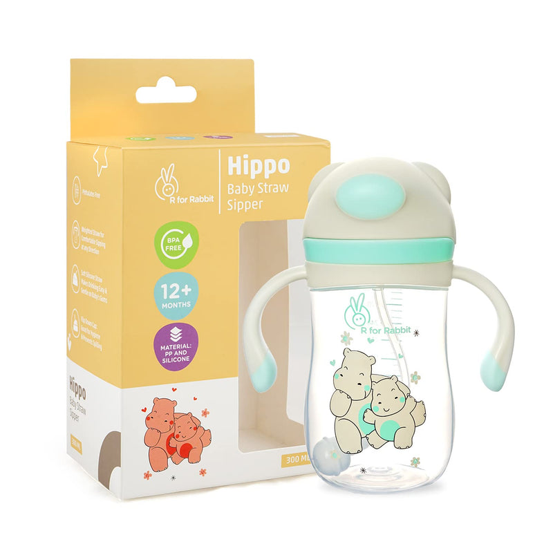 R for Rabbit Premium Hippo Baby Straw Sipper Bottle |10 fl oz | Anti Spill Sippy Cup with Soft Silicone Straw BPA Free & Non Toxic for Baby or Kids of 12 Months -(300 ml Green)