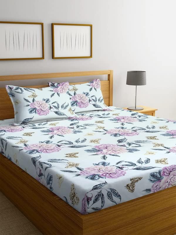 SHOMES Premium Cotton Flat Double Bedsheets with 2 King Size Pillow Covers | Double Bed Breathable | Wrinklefree | Ultrasoft 220 TC Supersoft | 90x90 Inches, 7X7.5 Feet | Floral, Light Blue Butterfly