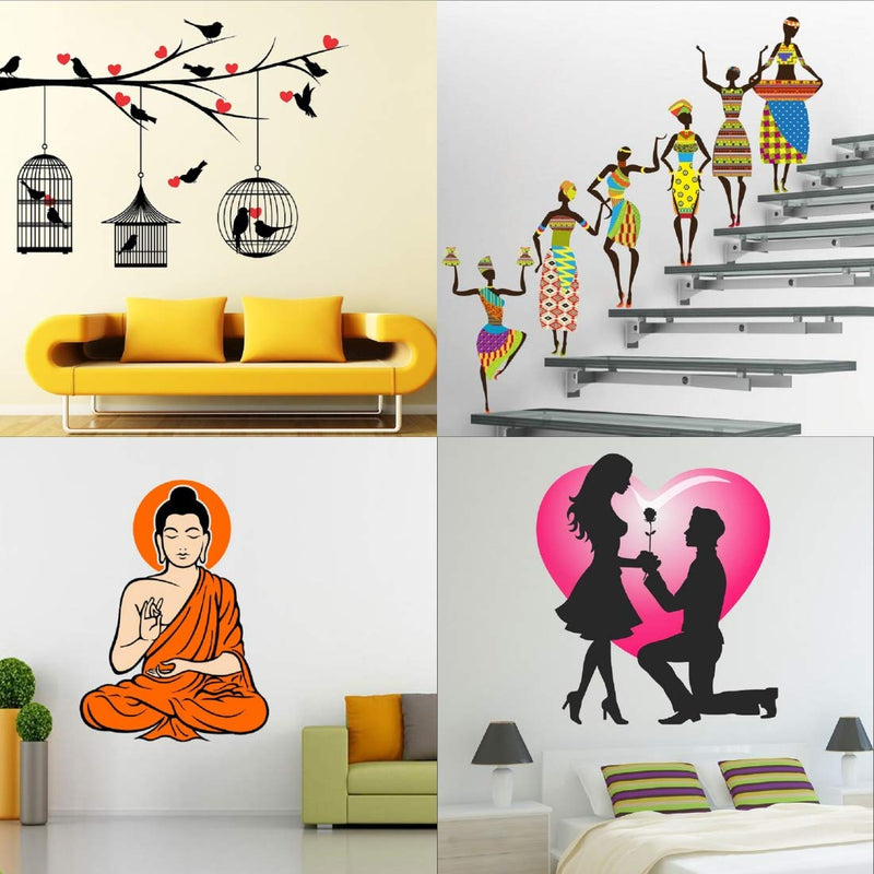 Walltech Combo of 4 Wall Sticker Love Birds with Hearts-(125 x 85 cms) | Tribal Lady-(180 x 60 cms) | Yogi Buddha-(90 x 60 cms) | Valentine My Love Old-(60 x 60 cms) - Material Vinyl