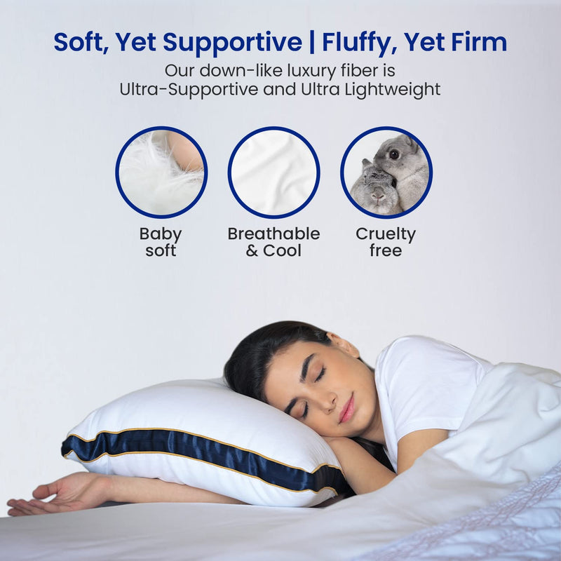 Sleepsia Microfiber Bed Pillow for Sleeping - Down Alternative Ultrasoft Cotton Washable Pillow with Satin Gusset,Soft Pillow with Blue Decorative Stripes - Queen (Pack of 1)