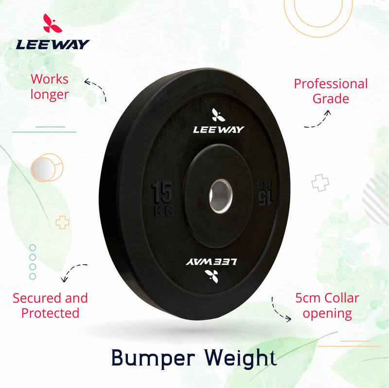 LEEWAY Olympic Black Bumper Plates, (60kg combo)| Rubber Bumper Weight Plates with 50 mm Dia| Olympic Barbell Bar Weight Plate for Weightlifting/Strength Training| Weight Plate (60kg Set(5X2+10X2+15X2))