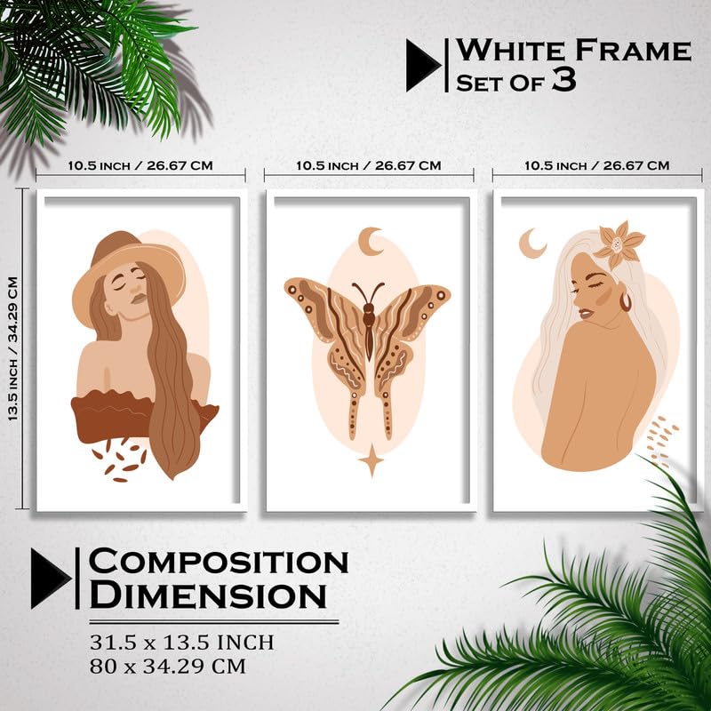 SAF paintings Set of 3 Abstract ladies Boho modern art design Premium white Framed Bohemian wall painting for for Wall, Home and Living Room Decoration 80 cms x 34.29 cms COMBO-2106-K3