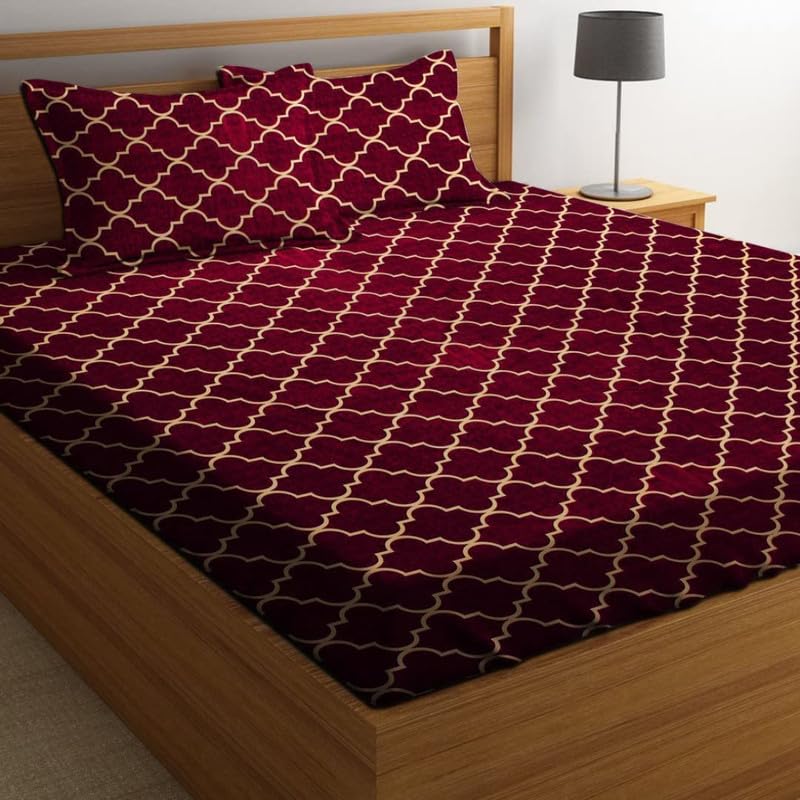 Delight Zone Prime Collection 160TC Supersoft Glace Cotton Elastic Fitted King Size Double Bedsheet with 2 Pillow Covers (Multicolour, Size 72 x 78 Inch) - Maroon Ring Damaas 2 - Gold Fitted