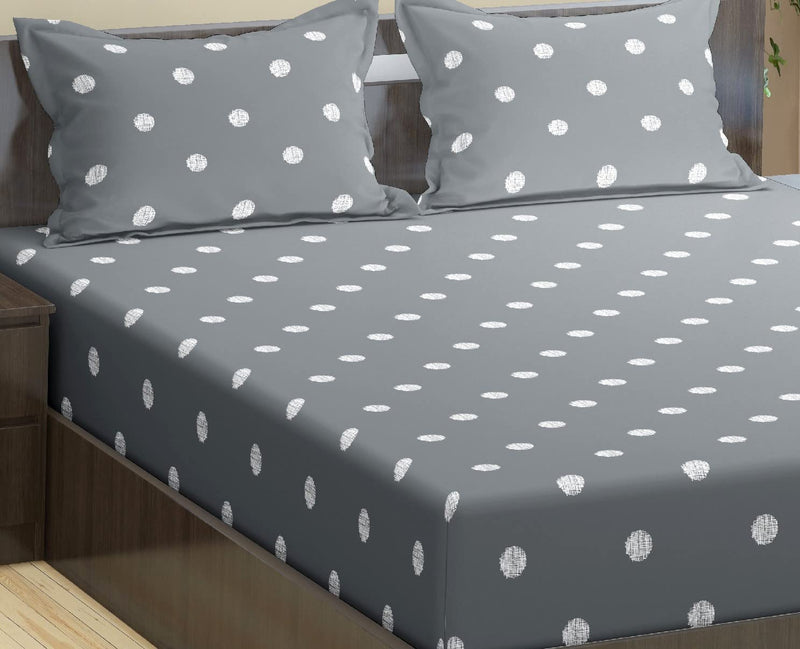 Trance Home Linen 300TC 100% Cotton 78"x60" Standard Queen Size Elastic Fitted Bedsheet | Printed Queen Bed Size Elasticated Fitted Bedsheet with 2 Pillow Covers (Queen 78x60 inch,Grey White Circles)