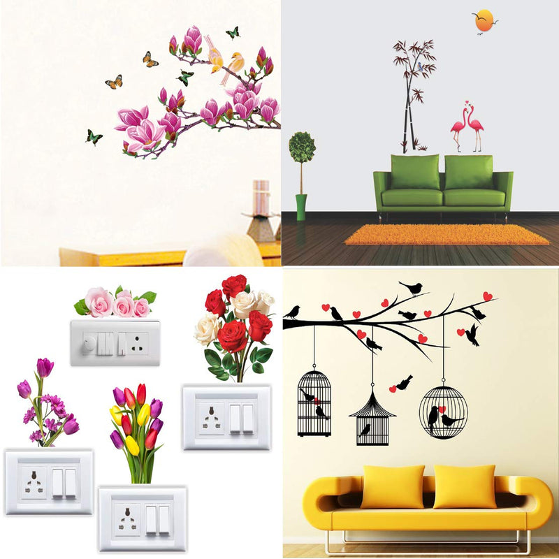 Walltech Combo of 4 Wall Sticker Magnolia Flower and butterflies-70 x 100 cms Love Birds with hearts-125 x 85 cms Flamingos and bamboo-150 x 125 cms sb pusy flowers-13 x15 cms- Vinyl, Set of 4-98