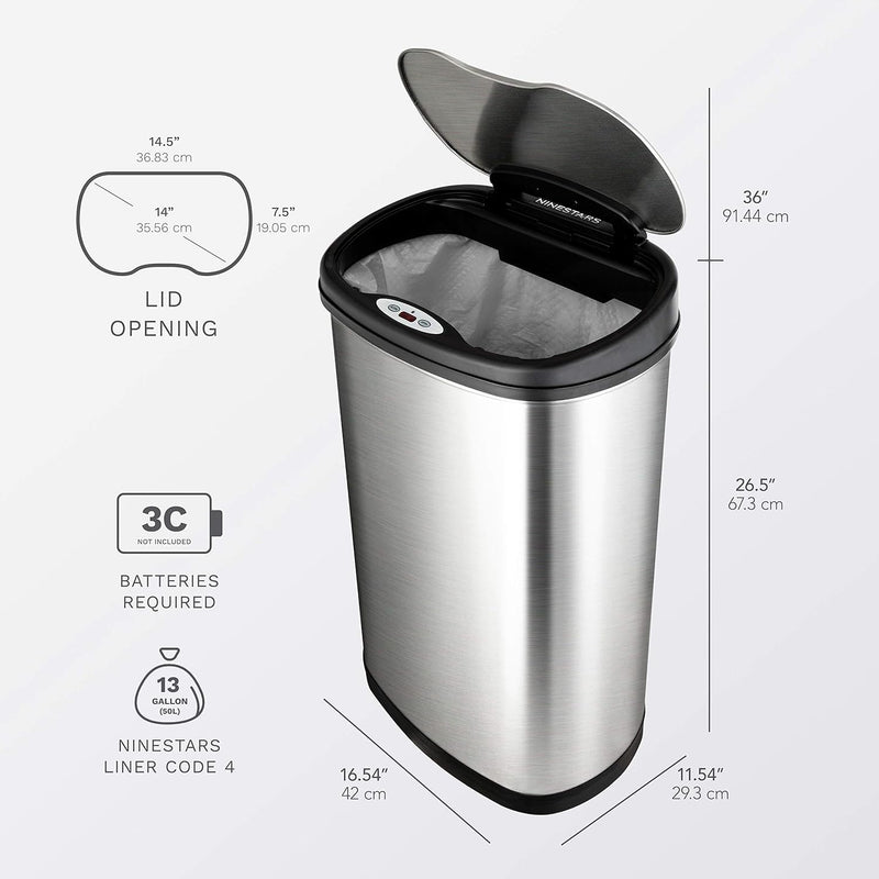 Nine Stars DZT-50-13 Infrared Touchless Stainless Steel Trash Can, 13.2-Gallon by Ninestars