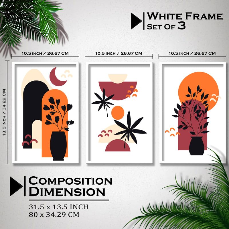 SAF paintings Set of 3 flower pot Boho modern art design Premium white Framed Bohemian wall painting for for Wall, Home and Living Room Decoration 80 cms x 34.29 cms COMBO-2035-K3