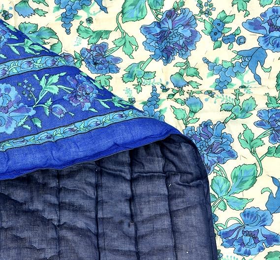 fashhub 240 TC Double Bed Organic Cotton Jaipuri Razai Bed Blanket Ac Quilt for Winter and Summer Soft Light Weight Rajasthani Traditional Rajai Cotton Comforter 85 x 100 inch Blue-Green Flower