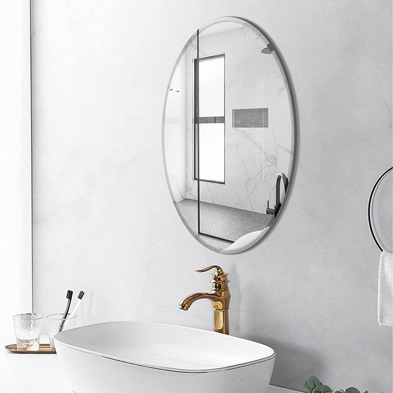 SEVEN HORSES Frameless Oval Mirror 18 x 24 Inch, Oval Bathroom Mirror with Polished Beveled Edge for Bathroom Bedroom Living Room Washbasin Dressing Entryway