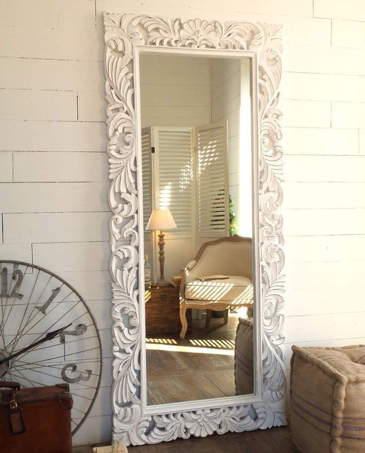 The Zara Enterprises Wooden Big Mirror Frame only Wood Wall Carving Mirror Frame 32X72 Inch White Antique only Frame with Out Mirror Exquisitely Crafted for Any Glamour Queen, Framed, Sunburst