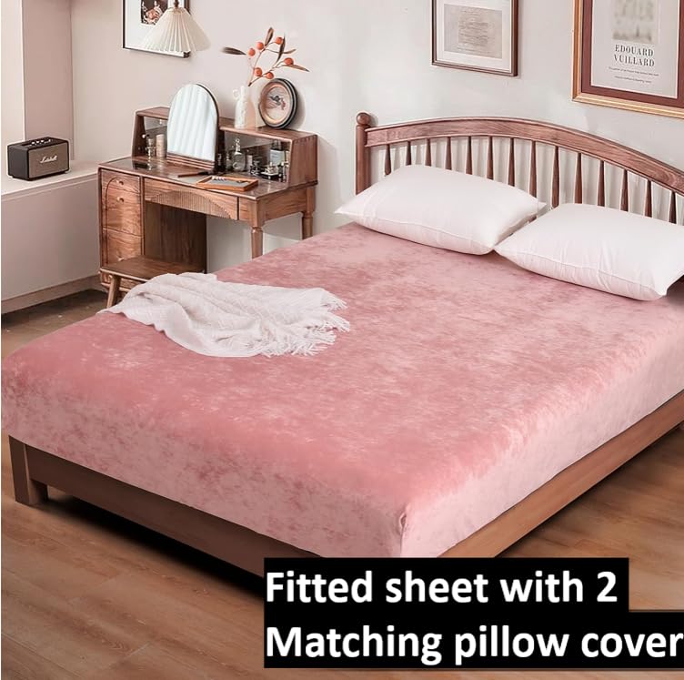 Premium 100% Woolen Warm Fabric Super Soft Solid Elastic Fitted King Size Bedsheet for Double Bed with 2 Pillow Covers-72X78| Pack of 3| Pink