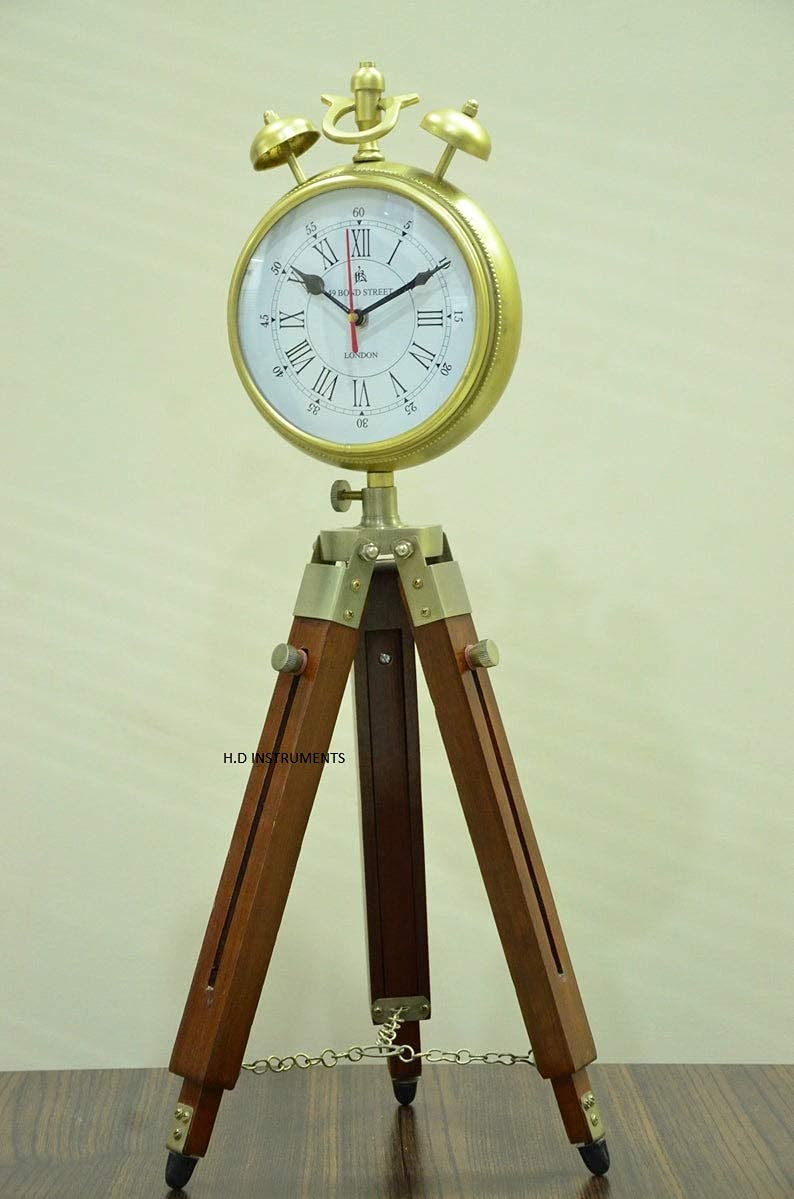 Decor Instruments Two Bell Handmade Designer Wood and Metal Clock with Adjustable Wooden Tripod Home and Office Decor