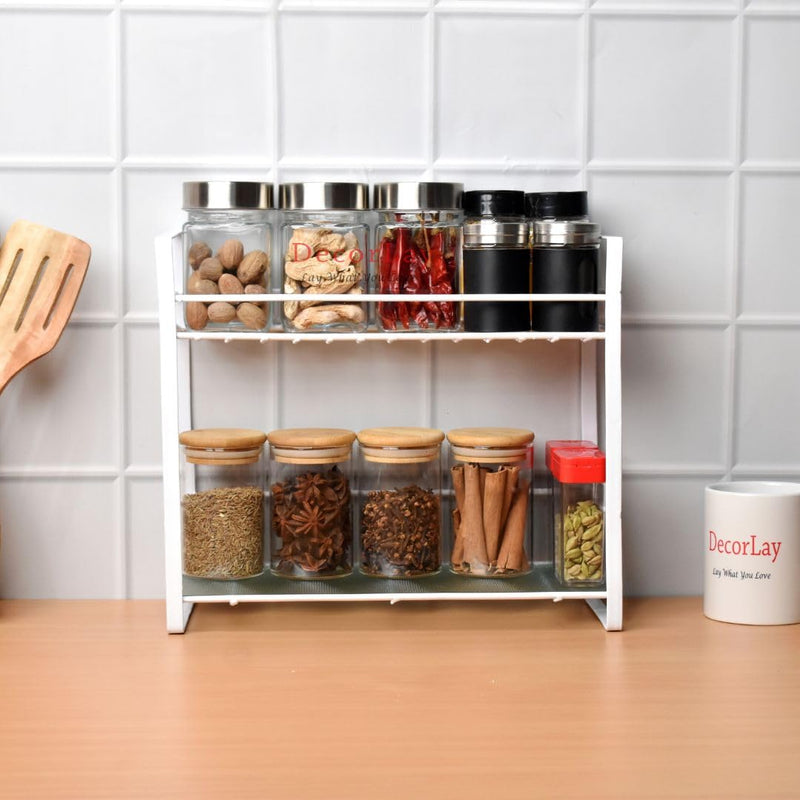 Decorlay Metal 2-Tier Kitchen Organizer Spice Rack Kitchen Cabinets | Bartan Stand | Jars and Bottle Holder | Storage Rack For Kitchen - White | Countertop, Tabletop