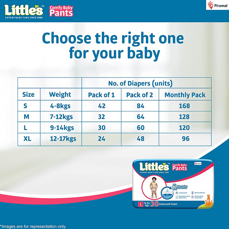 Little's Baby Pants Diapers with Wetness Indicator and 12 Hours Absorption, Large (L), 9-14 kg, 120 Count