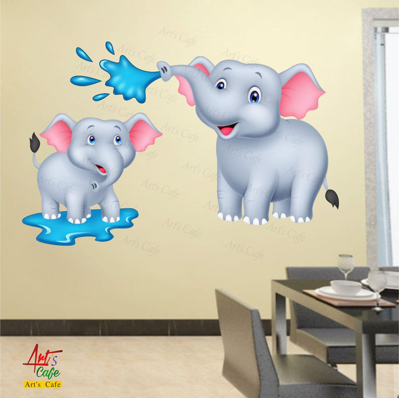 Art's Cafe Elephant & Its Baby Bathing 3D Wall Sticker Decorative for Kids Room Play School (28.5 x 18.5 inch)