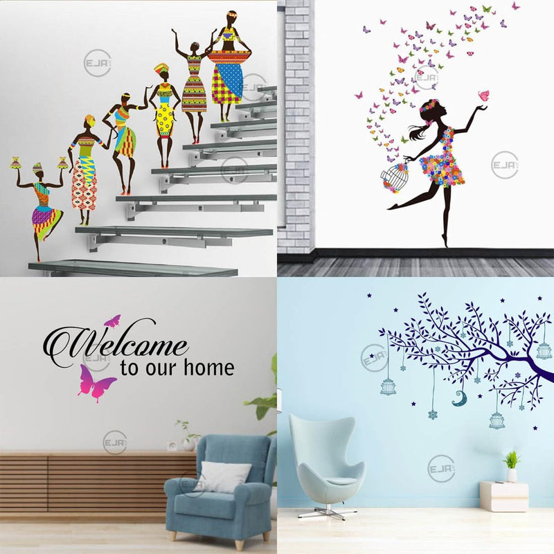 Merical Set of 4 Tribal Lady, Sherawali Maa, Ekdant, Radhamadhav Jhula Wall Sticker for Wall D�cor, Living Room, Children Room