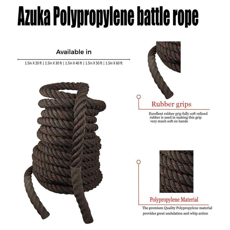 AZUKA® Ultimate Fitness Strength Training Battle Rope 1.5inch 15ft (Black Red) + Free Surprise Poster Inside