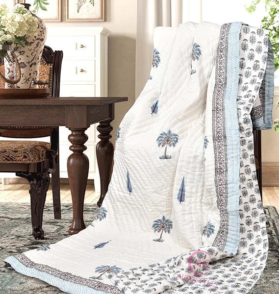 EMIOUR 400 TC Jaipuri Light Weight Pure Cotton Traditional Hand Block Big Flower Print Double Bed Quilt/Razai/Rajai (White & Grey, 90 x 108 Inches, Double Bed) Breathable