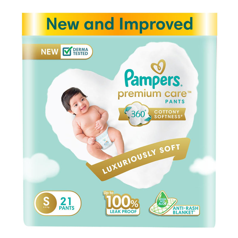 Pampers Premium Care Pant Style Baby Diapers, Small (S), 21 Count, All -in-1 Diapers with 360 Cottony Softness, 4-8 Kg Diapers