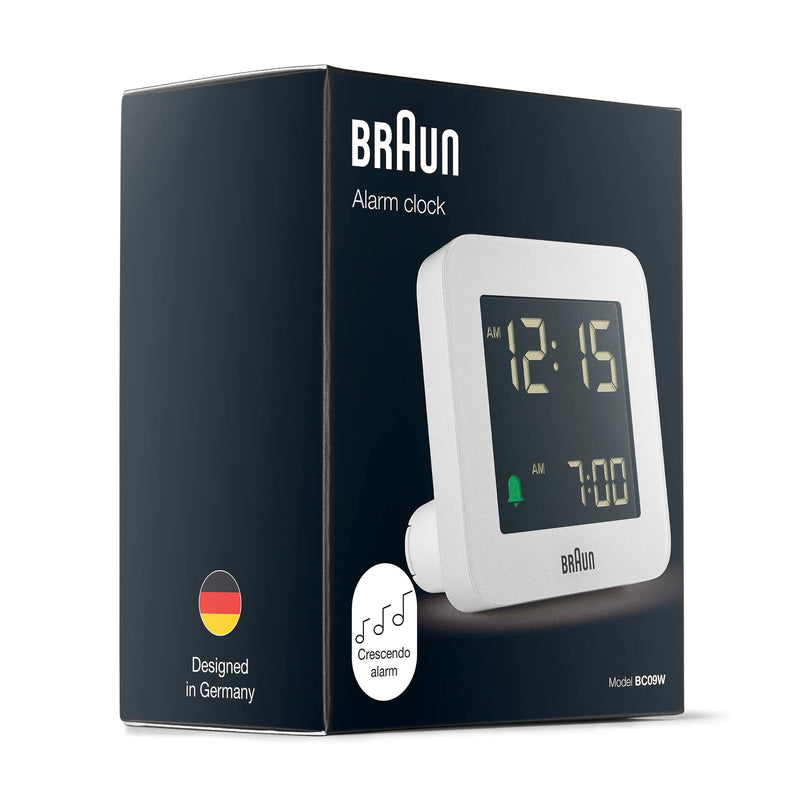 Braun Digital Alarm Clock with Snooze, Negative LCD Display, Quick Set, Crescendo beep Alarm in White, Model BC09W