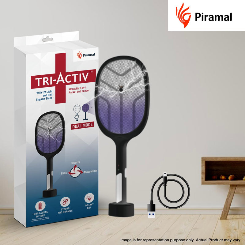 Tri-Activ Mosquito Racket I 2-in-1 Rechargable Bat + Zapper by Piramal I UV Light & Self-Supporting Stand I Insect Killer & Fly Swatter I 1200 mAh Li-ion Battery (Black)