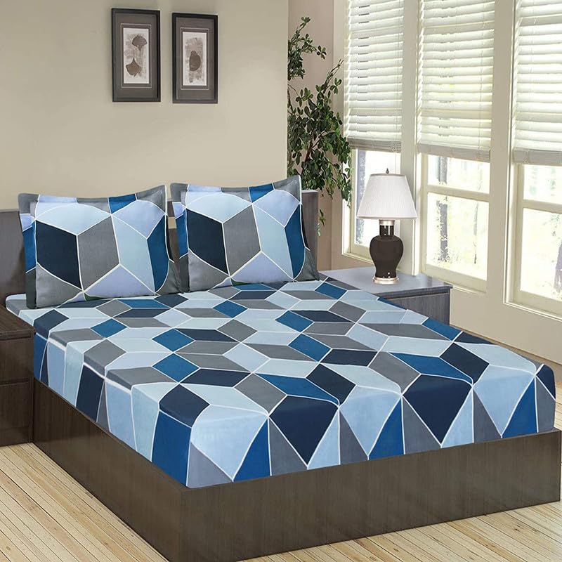 Vaastu Furnishings Skin Friendly Ultrasoft Prime Collection King Size Elastic Fitted Double Bedsheet with 2 Pillow Covers (Size 72 x 78 Inch) - Blue Grey Zigzag Gold Fitted3