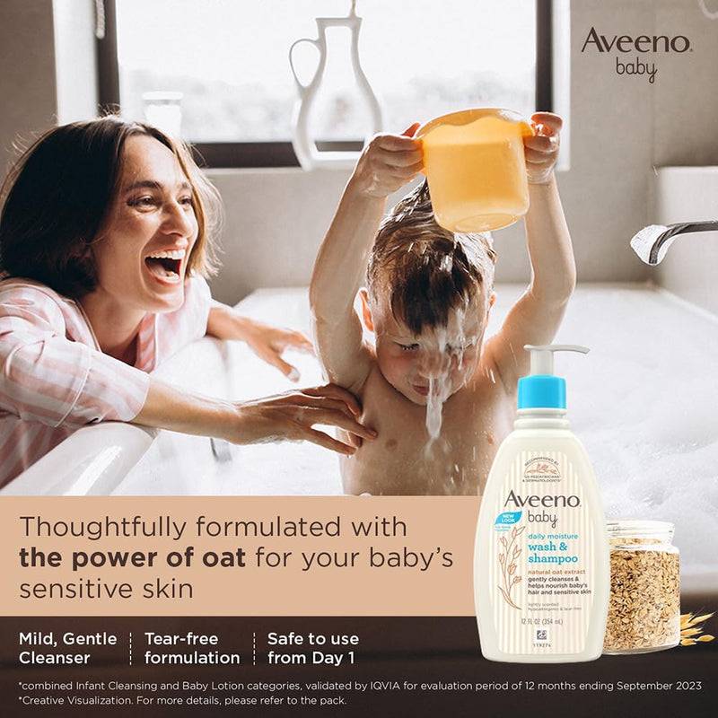 Aveeno Baby Daily Moisture Wash and Shampoo (354ml) | With oat kernel extract, glycerin and water | Hypoallergenic, soap-free, pediatrician recommended | Nourishes, soothes, & protects baby's sensitive skin