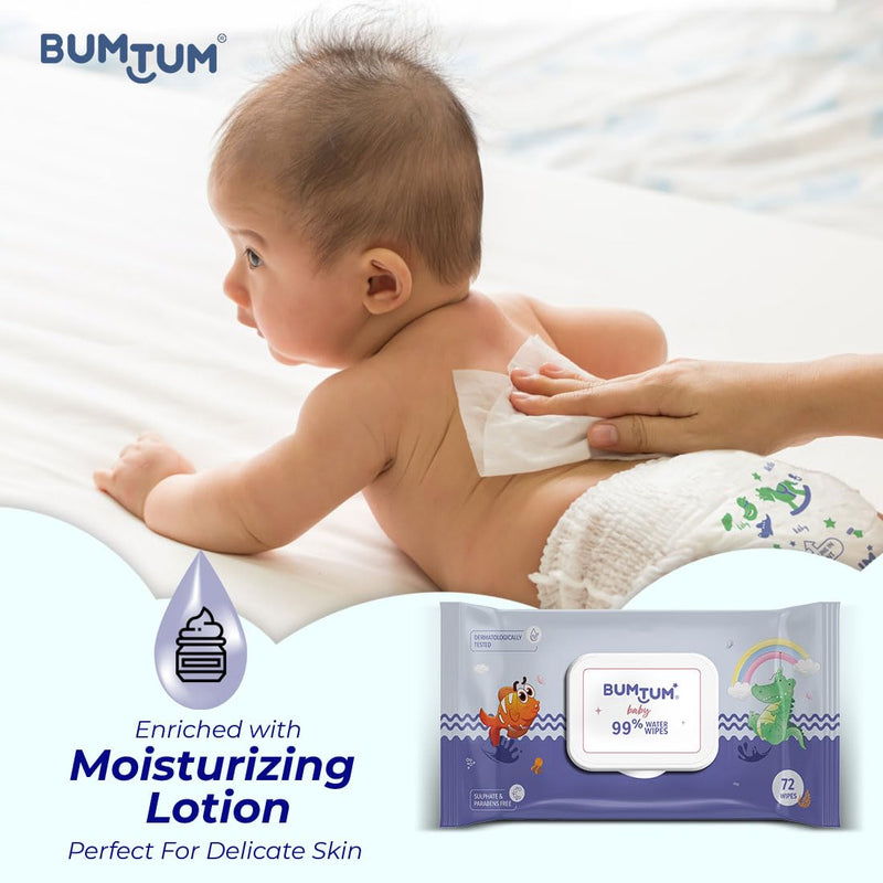 Bumtum Baby Gentle 99% Pure Water Soft Moisturizing Wet Wipes with Lid | Aloe Vera & Chamomile Extracts | Paraben & Sulfate Free (Pack of 4, 72 Pcs. Per Pack)