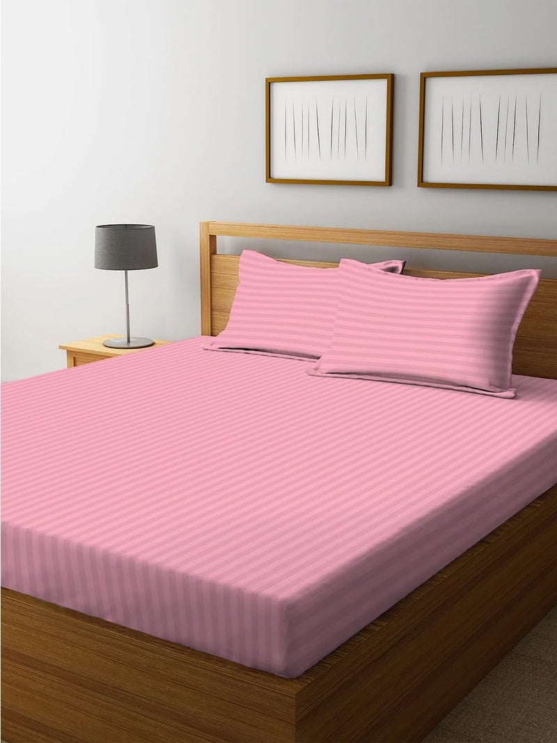 Lucifer Glace Cotton Satin Stripe King Size Double Bed Flat Bedsheet with Two Pillow Covers for Home/Hotels/Guest/Hospital/House/Villa/PG's (90 x 100 Inch) (Pink)