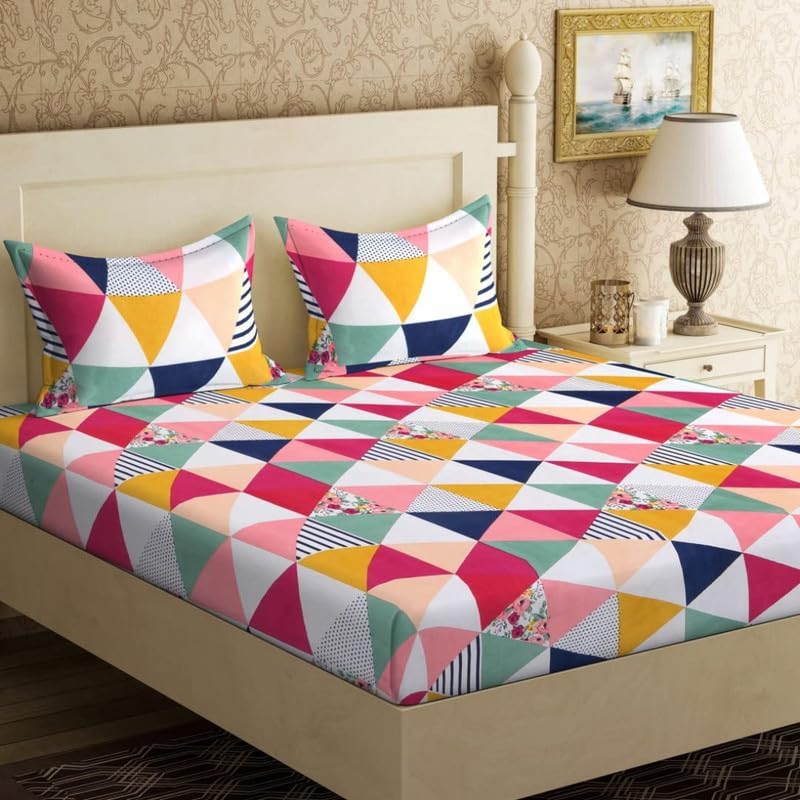 Delight Zone Prime Collection 160TC Supersoft Glace Cotton Elastic Fitted King Size Double Bedsheet with 2 Pillow Covers (Multicolour, Size 72 x 78 Inch) - Coloured Triangles 2 - Gold Fitted