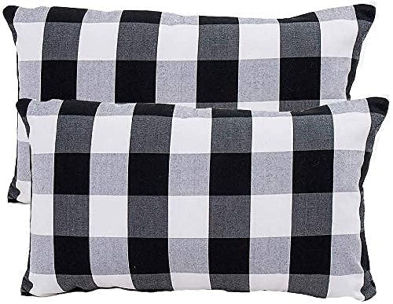 ATOOTFUSION Medium Hard Cotton Pillow, Luxurious Quality Pillow Filler For Perfect Neck Support16X25 Inc Checkered Pillow (Black And White Check, Pack of 2)