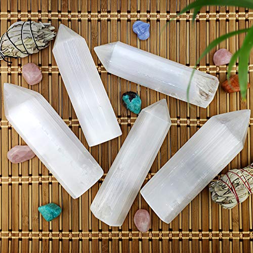 Set of 2-5.75" Selenite Tower Crystal Point Wand Generator Obelisk for Energy Cleansing, Meditation, Reiki, Intuition, Insight, Spiritual Healing, Collection of Healing Crystals and Stones