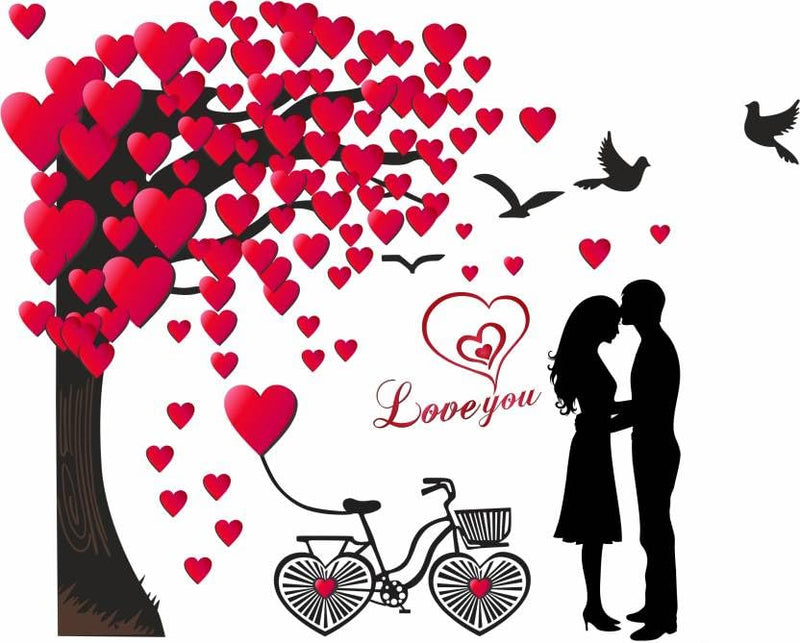 Romantic Couple Under The Heart Leaves Tree and Love Quote with Bicycle' Wall Self Adhesive Sticker