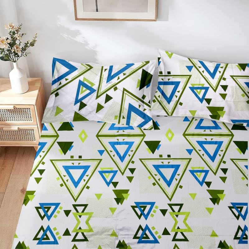 Bhoomi Impex Cotton Flat Bed Sheets with Pillow Cover Cotton Bedsheet - Double_Geometric Print (Lime & Teal)