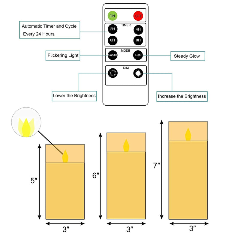 VEROX Flameless LED Candles with Golden Acrylic Glass, Remote Control and Timer - AA Battery-Powered for Home, Festival and Wedding Decor (Set of 3-3" D x 4", 5", 6" H)