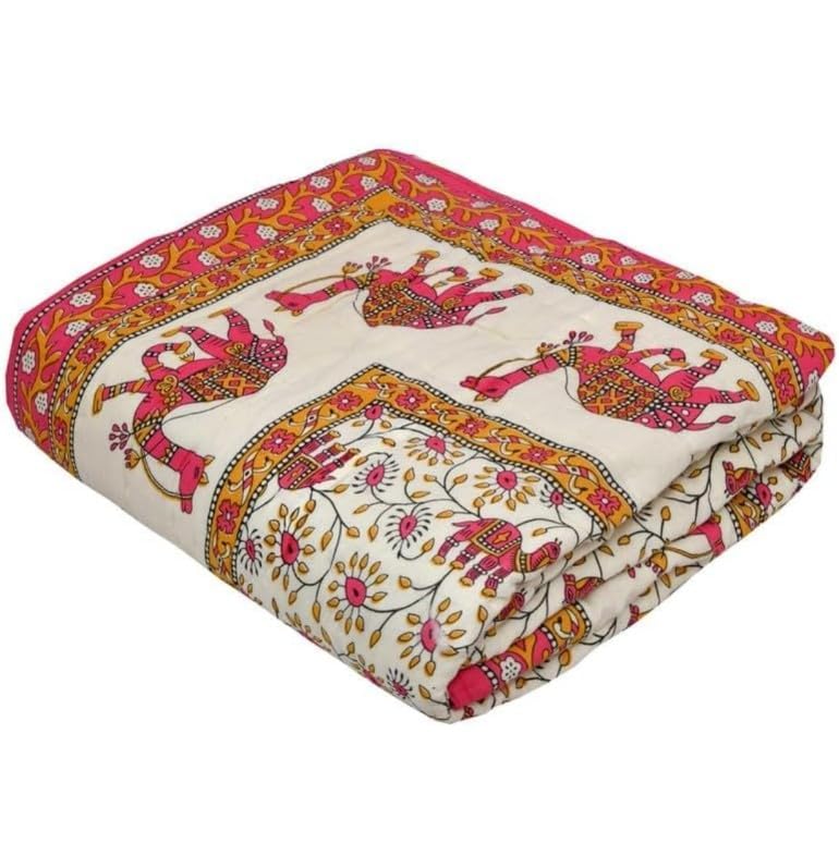 PINAARAS Interior Cotton Jaipuri Razai Single Bed Rajasthani Camal Print Quilt Blanket - Pink (Size - 55X85 Inches)