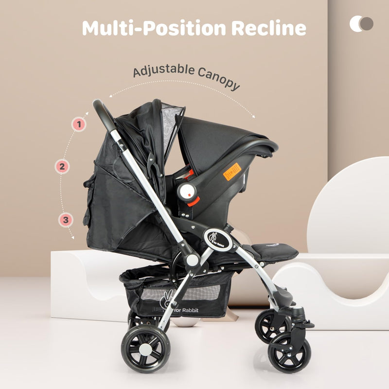 R for Rabbit Baby Travel System Chocolate Ride Baby Stroller & Pram+Infant Car Seat for Kids, Travel Friendly Compact Fold for 0-3 Years Babies, Quick Fold & Sturdy | 6 Months Warranty | (Black Grey)