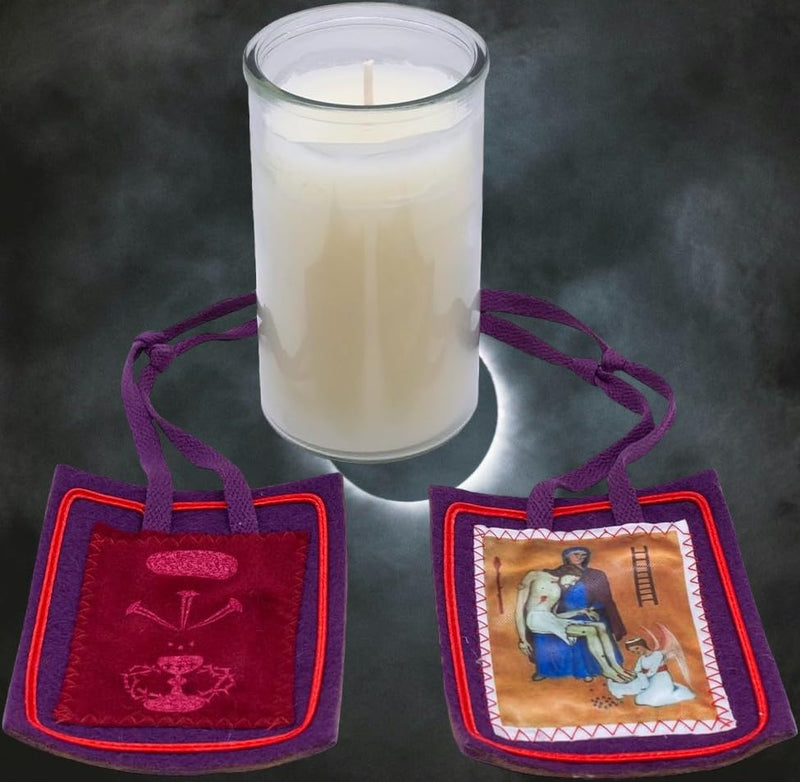 51% Beeswax Candle and Purple Home Scapular | 3 Days of Darkness | Catholic Spirituality | Divine Protection | Blessed Anna Maria Taigi and Marie-Julie Jahenny