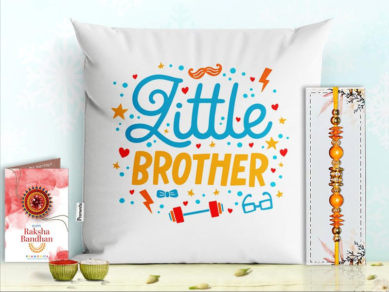 Pillow Rakhi for Brother with Gift - Rakhi with Rakhi Cushion with Filler Greeting Card- Rakhi for Brother, Gifts for Brother, Gifts for Rakhi, Gifts for Rakshabandhan Rakhi Gifts-PF-CU-19