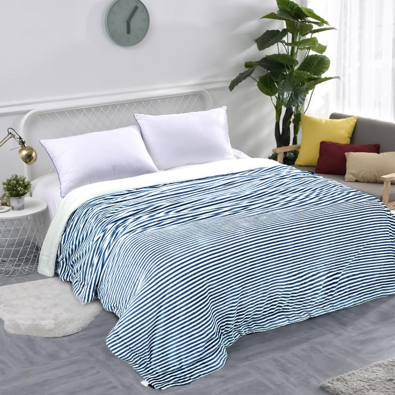 BSB HOME® Polyester Micromink Winter/Mild Winter AC Blanket Sherpa Super Soft/Warm Flannel Jacquard Plush/Printed, Blue & White, Size 150X225 Cms (Approx 4.7 x 7 ft) (Single), Skin Friendly