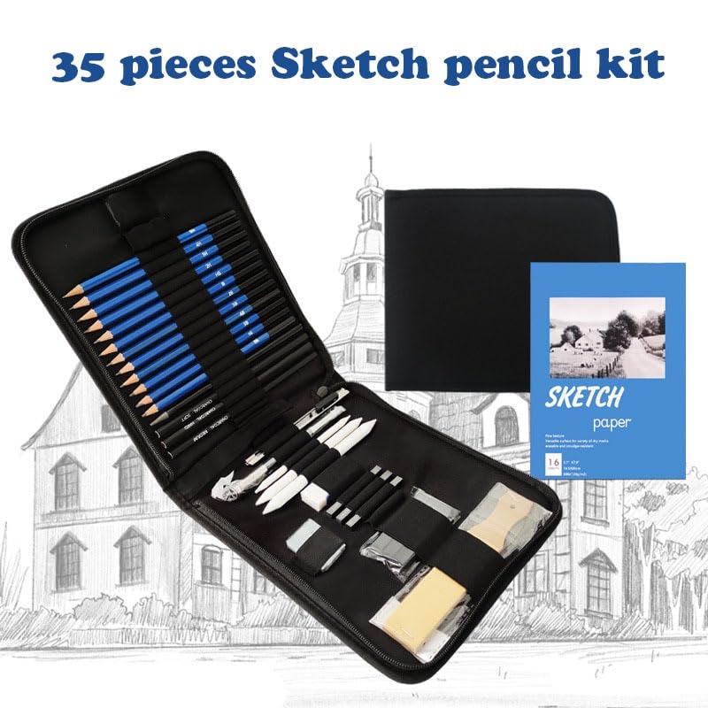 Tusmad 35 Pieces Professional Drawing Pencils and Sketch Kit for Artist(Black)