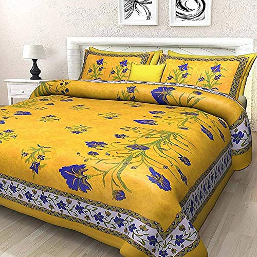 BedZone Jaipuri Print 100% Cotton Rajasthani Tradition Double Bedsheet with 2 Pillow Cover, Floral, Yellow